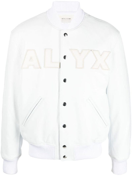 White Logo AppliquÃ_x0083_Â© Leather Bomber Jacket