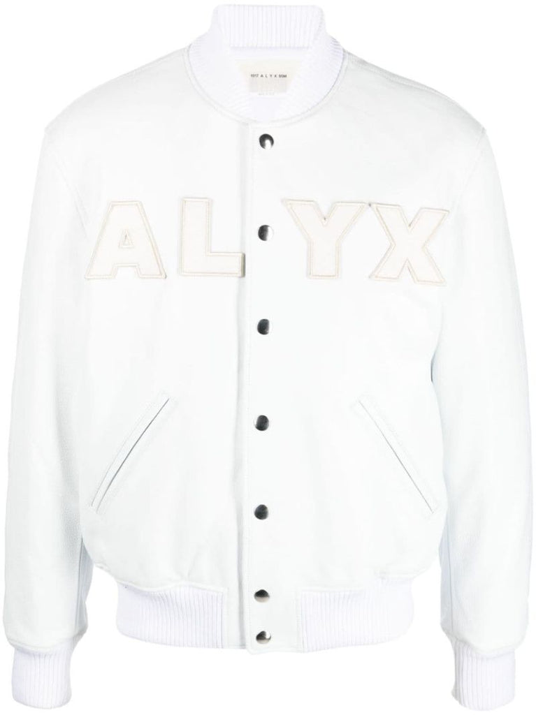 White Logo AppliquÃ_x0083_Â© Leather Bomber Jacket