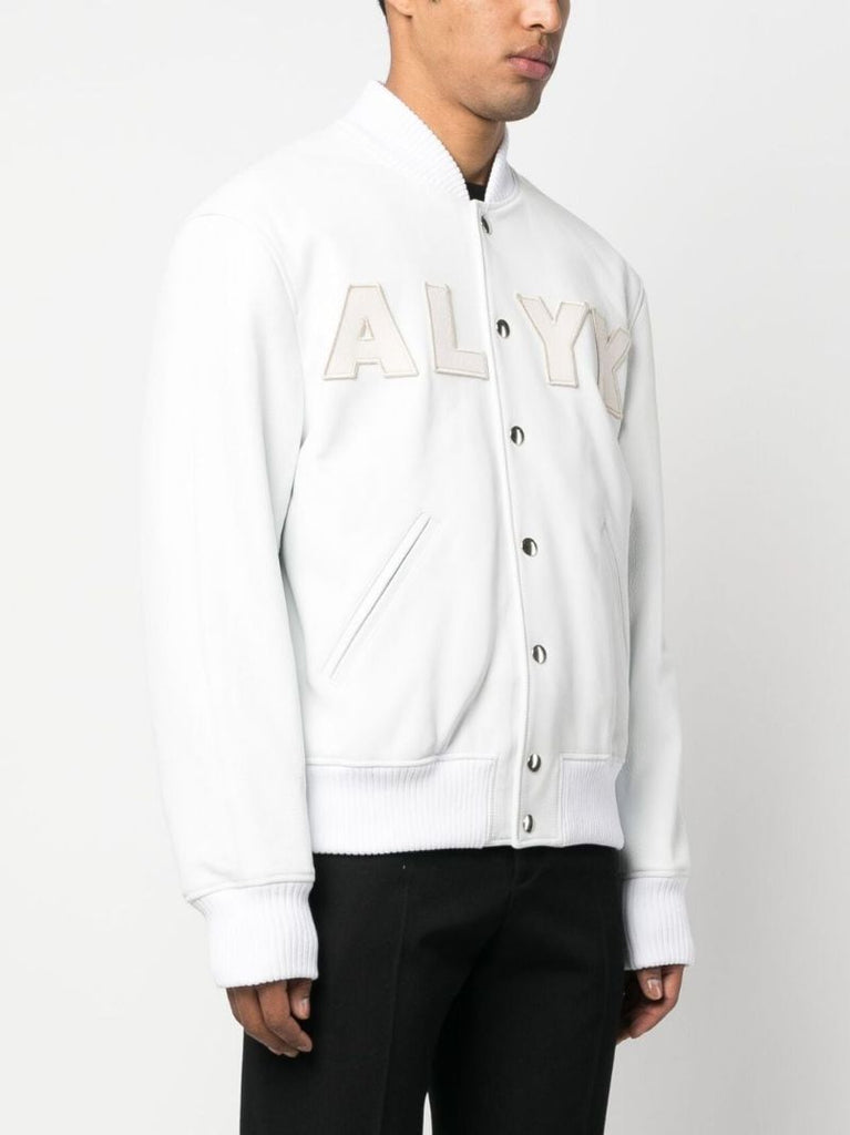 White Logo AppliquÃ_x0083_Â© Leather Bomber Jacket