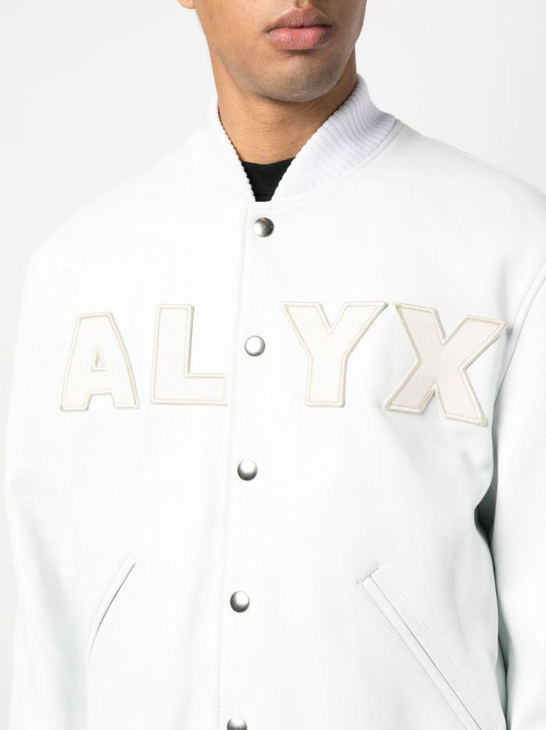 White Logo AppliquÃ_x0083_Â© Leather Bomber Jacket