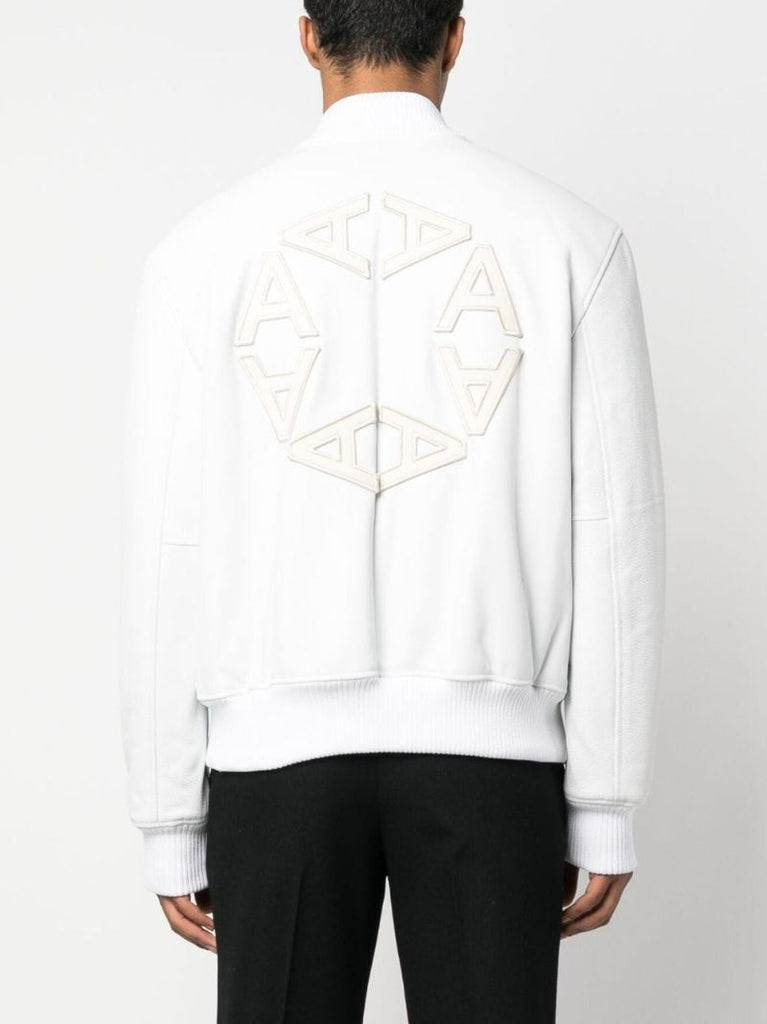 White Logo AppliquÃ_x0083_Â© Leather Bomber Jacket