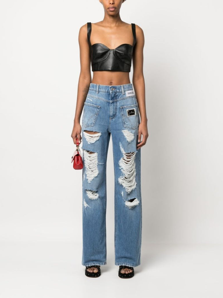 Blue Distressed Straight-leg Jeans