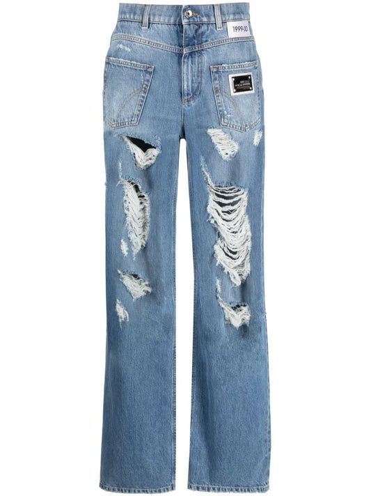Blue Distressed Straight-leg Jeans
