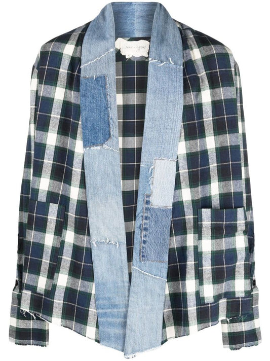 Blue Plaid Print Panelled Shirt