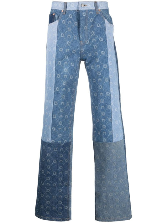 Blue Patchwork Monogram Straight-leg Jeans