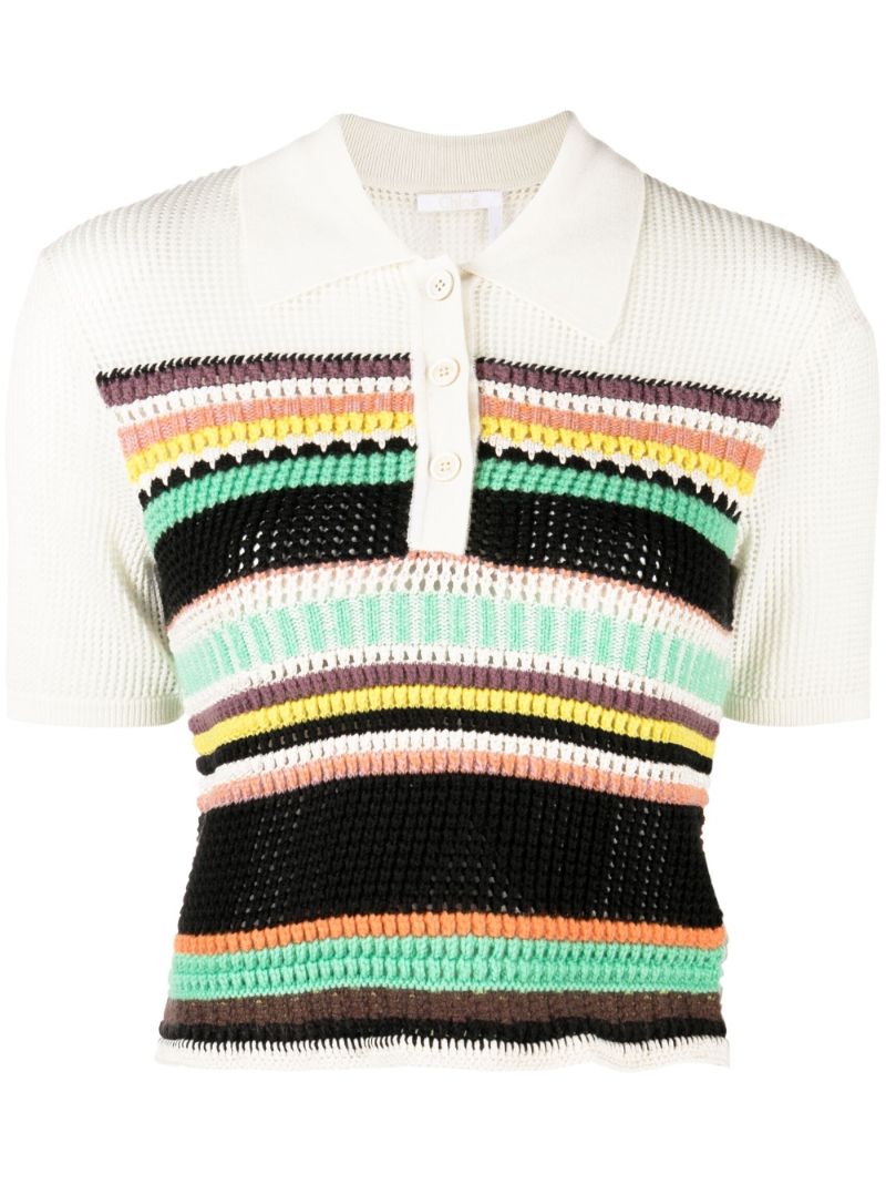 White Striped Crochet Polo Shirt