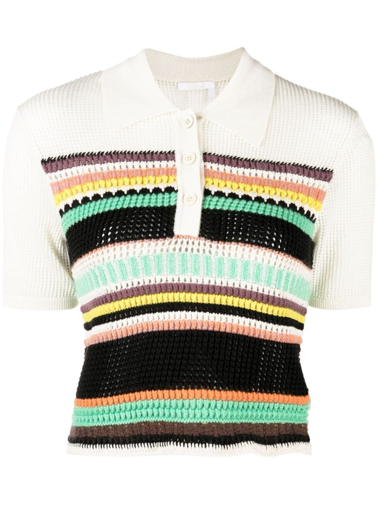 White Striped Crochet Polo Shirt
