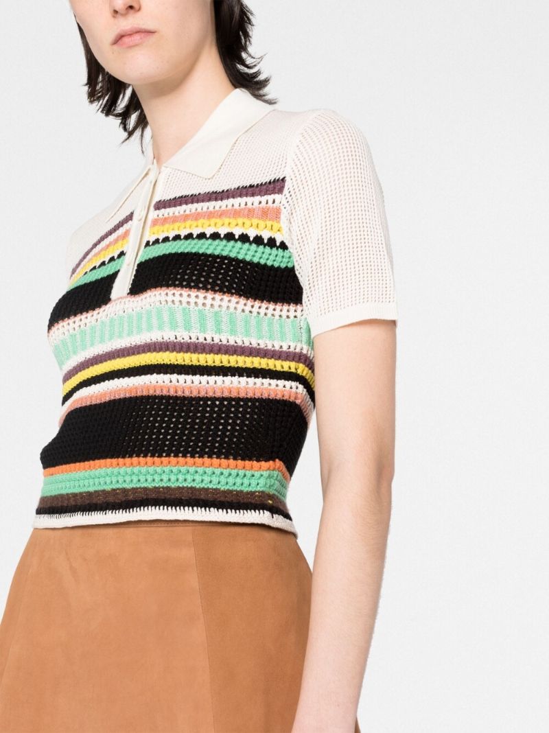 White Striped Crochet Polo Shirt