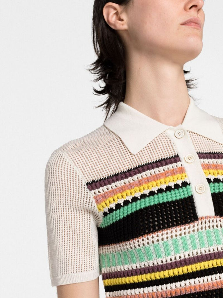 White Striped Crochet Polo Shirt