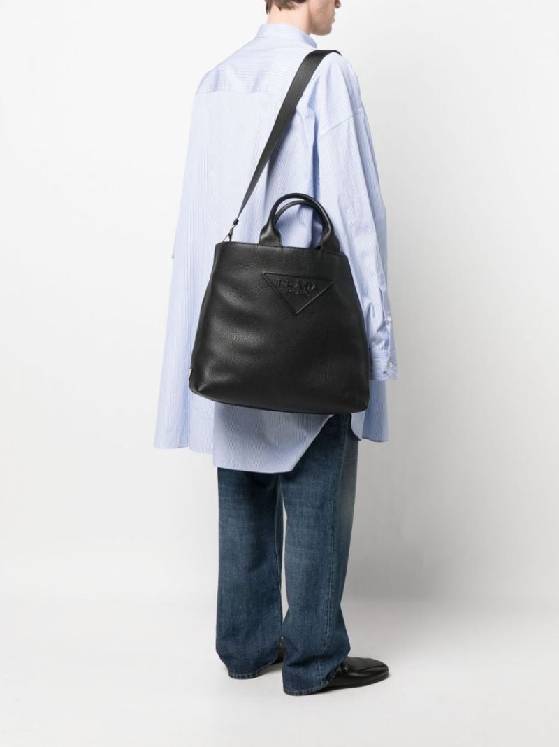 Black Logo Embossed Leather Tote Bag