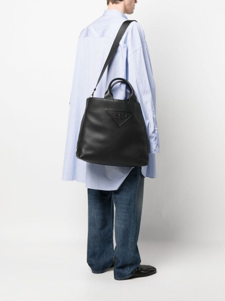 Black Logo Embossed Leather Tote Bag