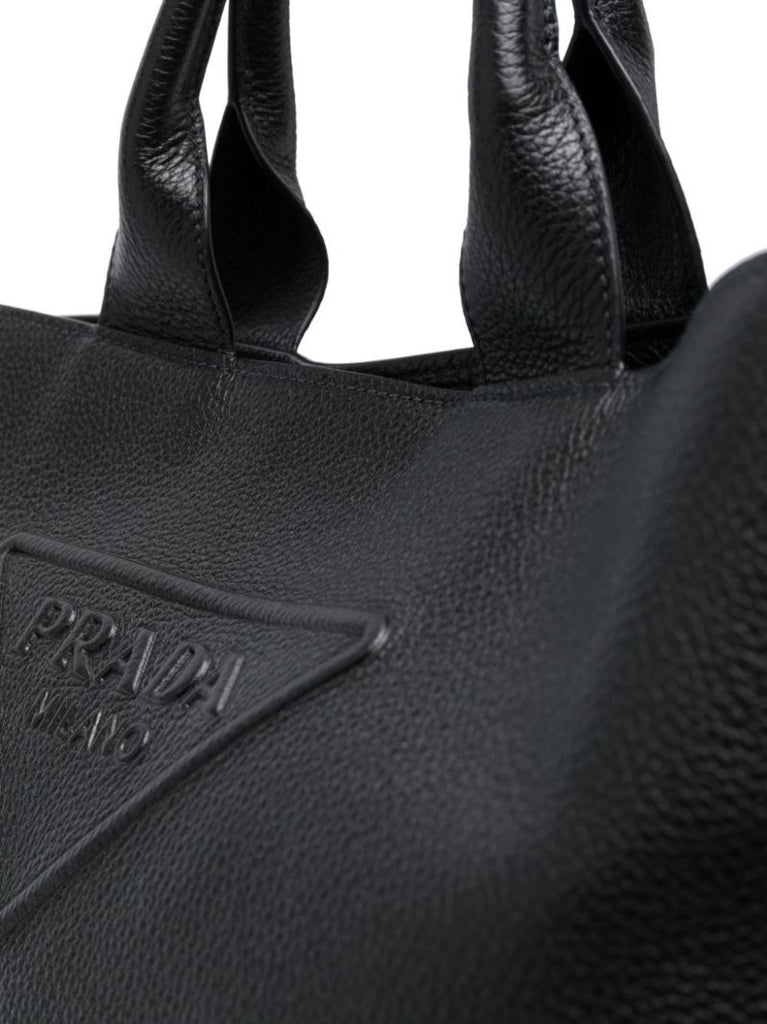 Black Logo Embossed Leather Tote Bag