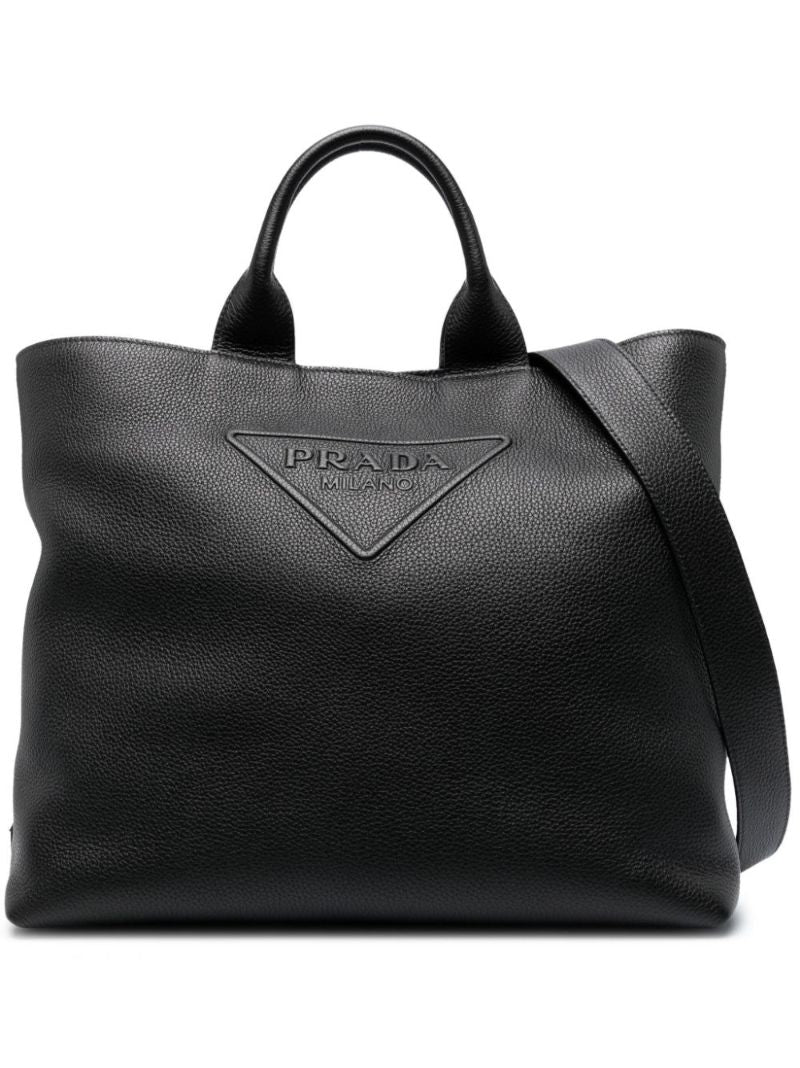 Black Logo Embossed Leather Tote Bag