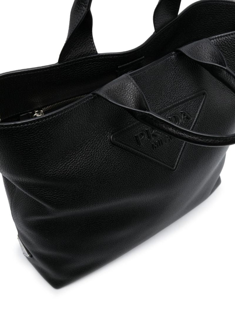 Black Logo Embossed Leather Tote Bag
