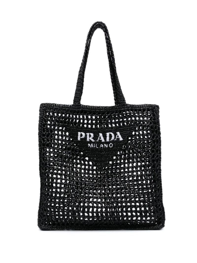 Black Logo-embroidered Raffia Tote Bag
