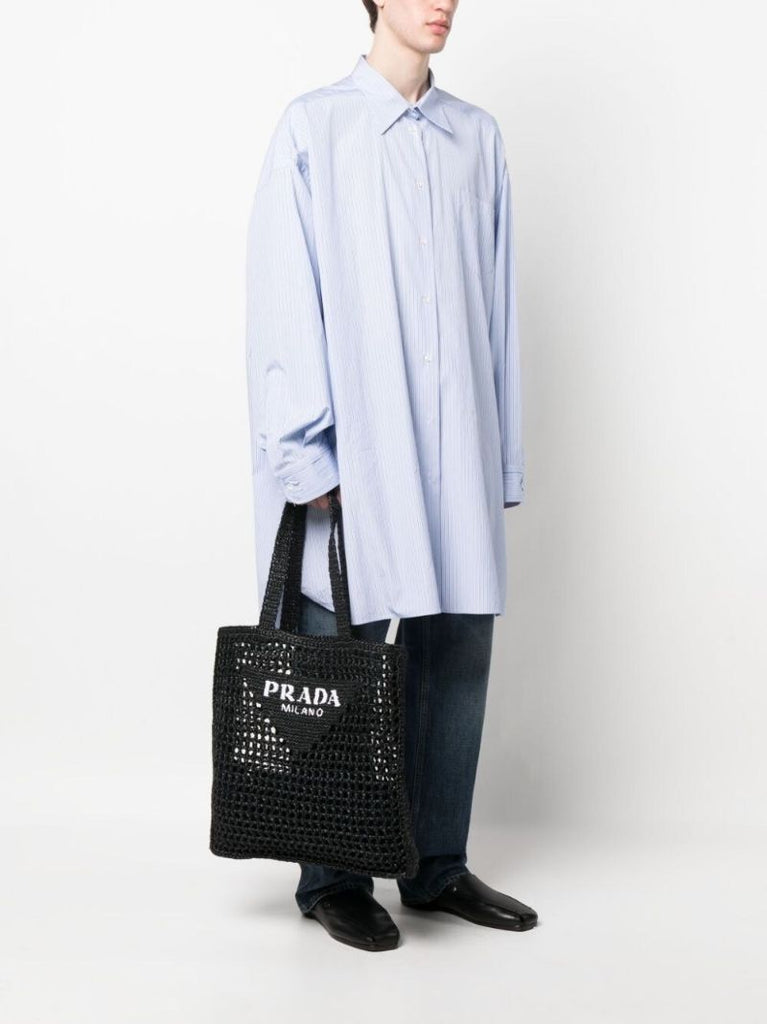 Black Logo-embroidered Raffia Tote Bag