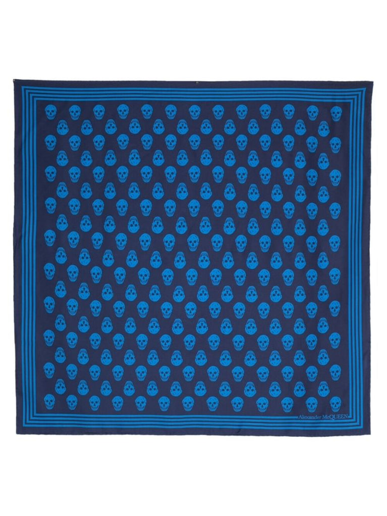 Blue Biker Skull Print Silk Scarf