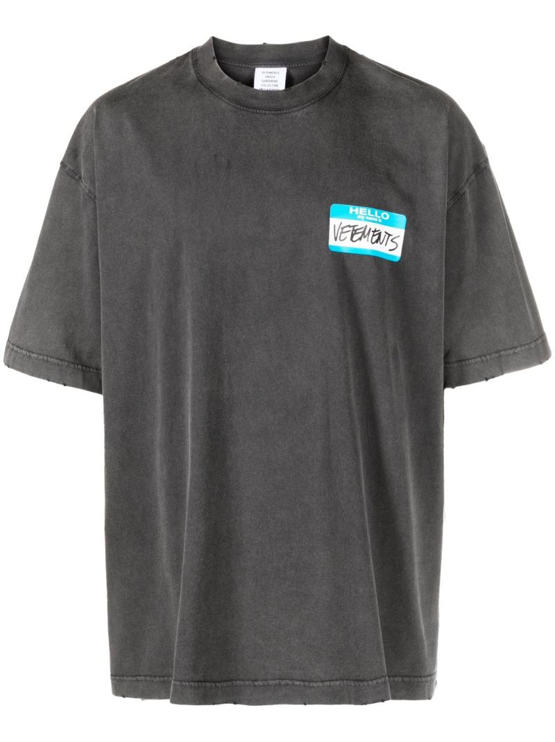 Black Cotton Nametag Print T-shirt