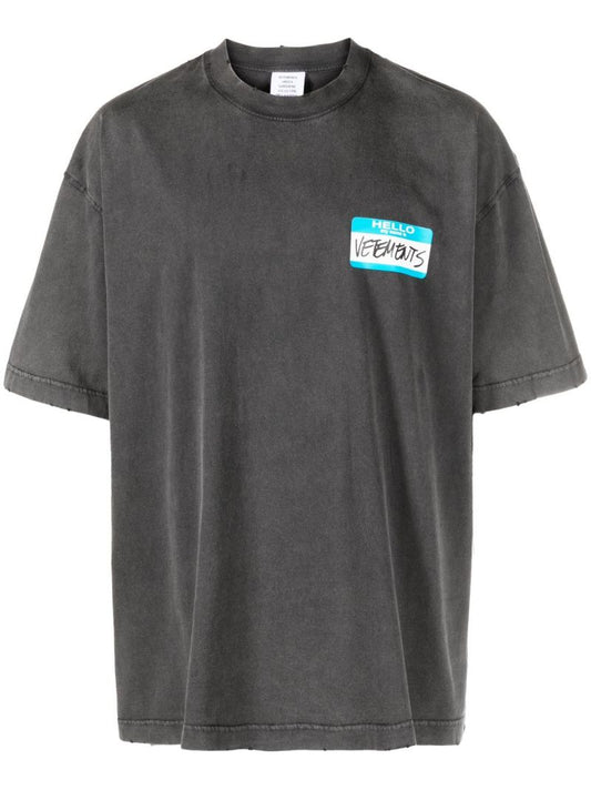Black Cotton Nametag Print T-shirt