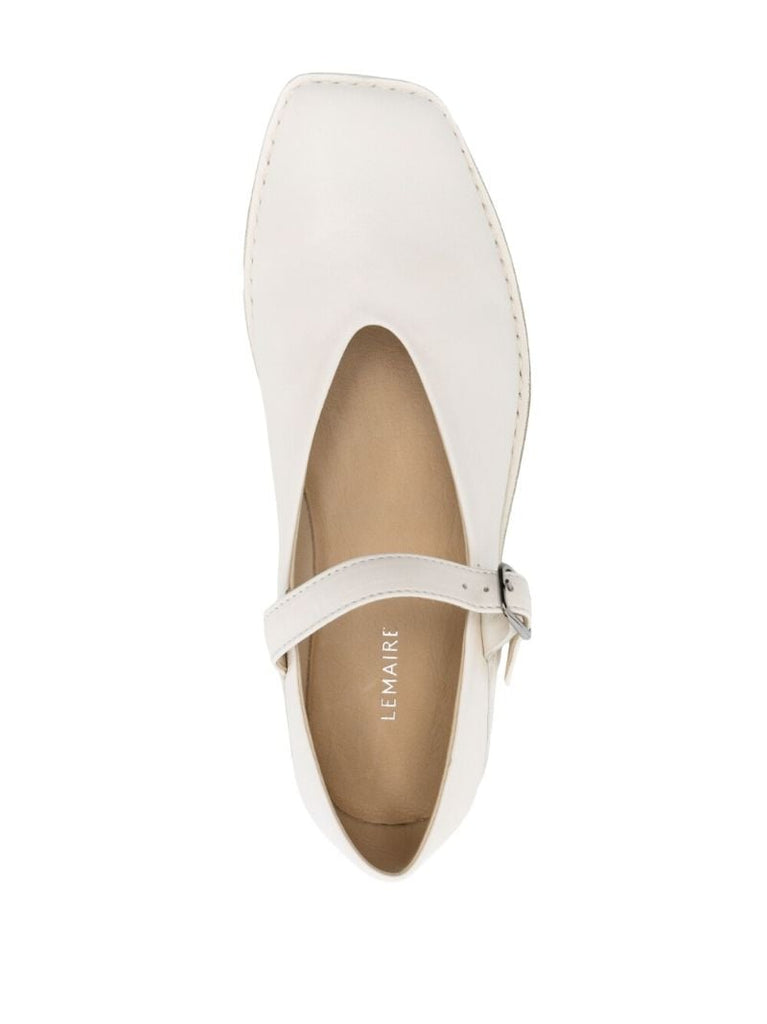 White Leather Flat Mary Jane Pumps