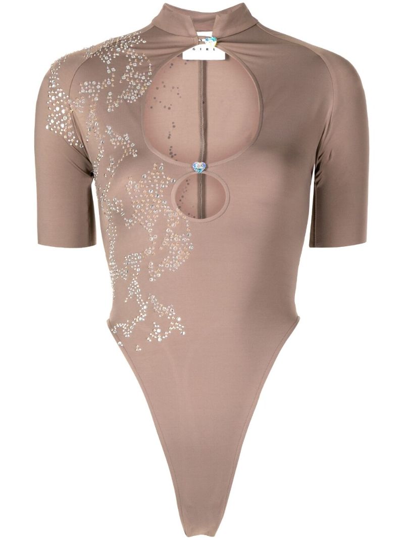 Brown Daisy Rhinestone Cut-out Bodysuit