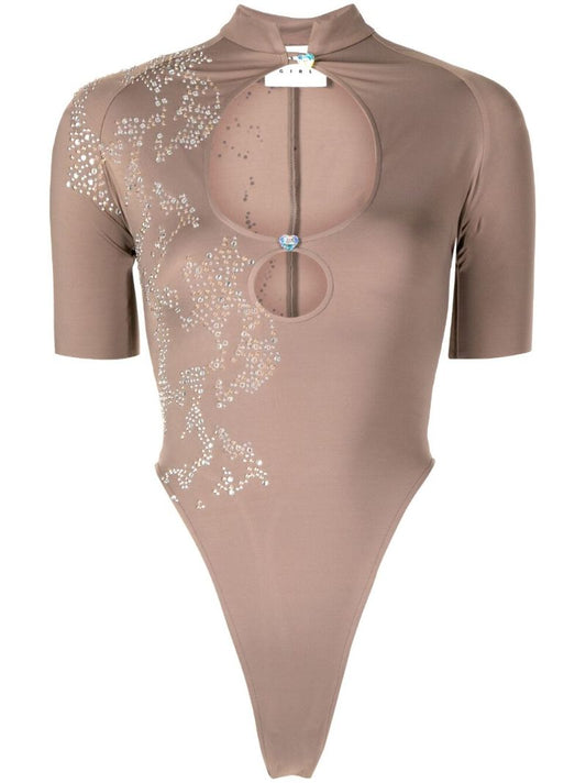 Brown Daisy Rhinestone Cut-out Bodysuit