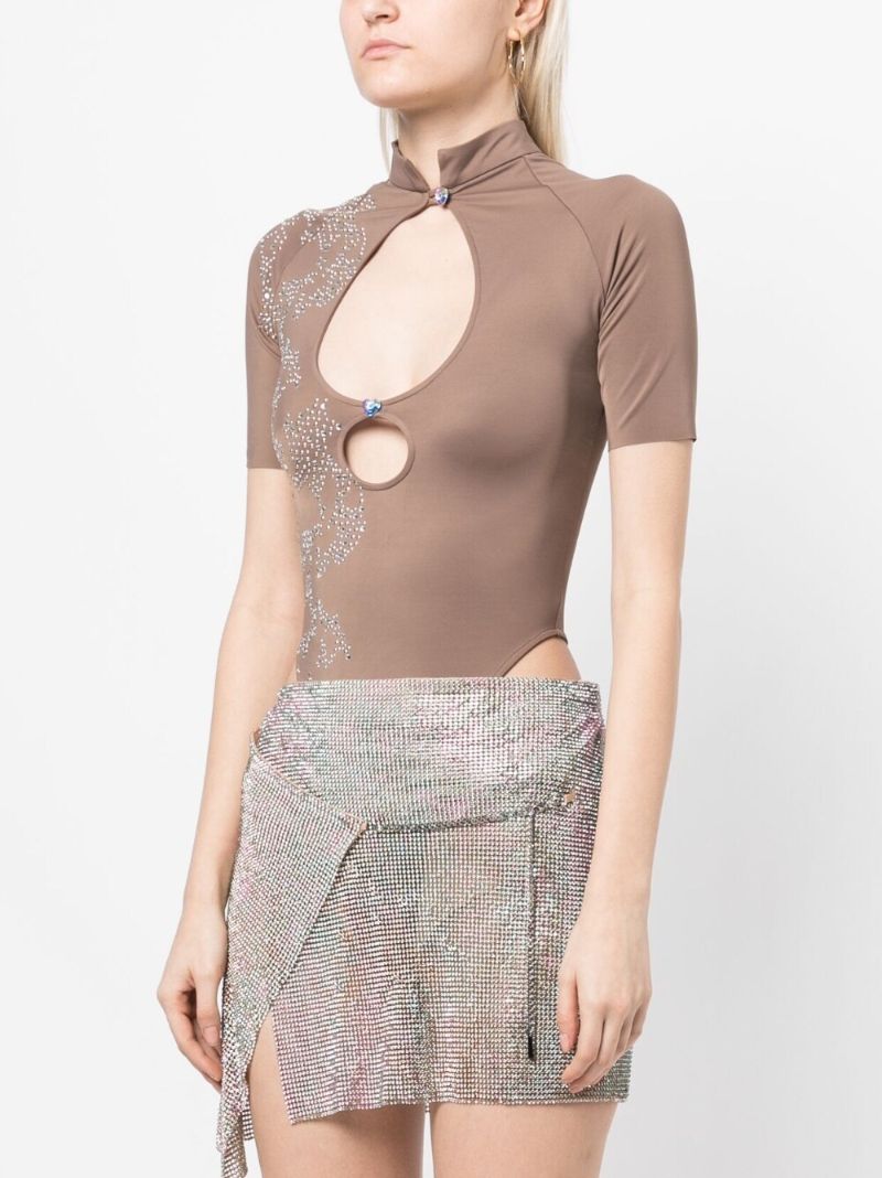 Brown Daisy Rhinestone Cut-out Bodysuit