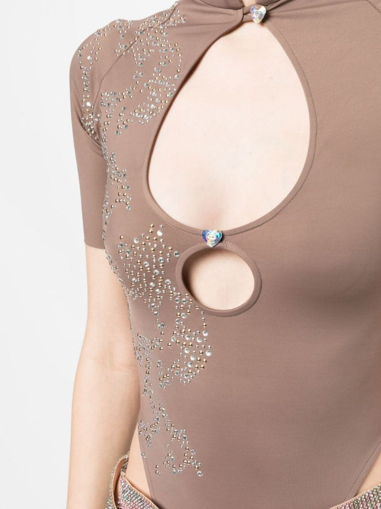 Brown Daisy Rhinestone Cut-out Bodysuit