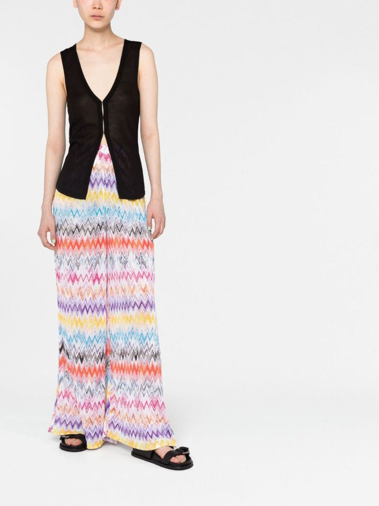 White Zig-zag Pattern Wide-leg Trousers