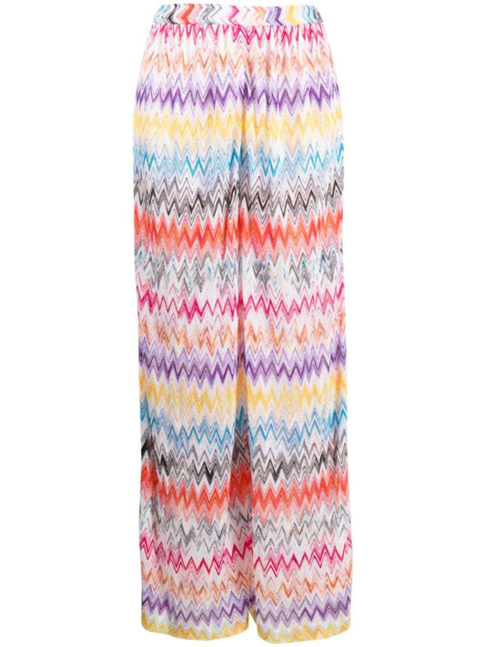 White Zig-zag Pattern Wide-leg Trousers