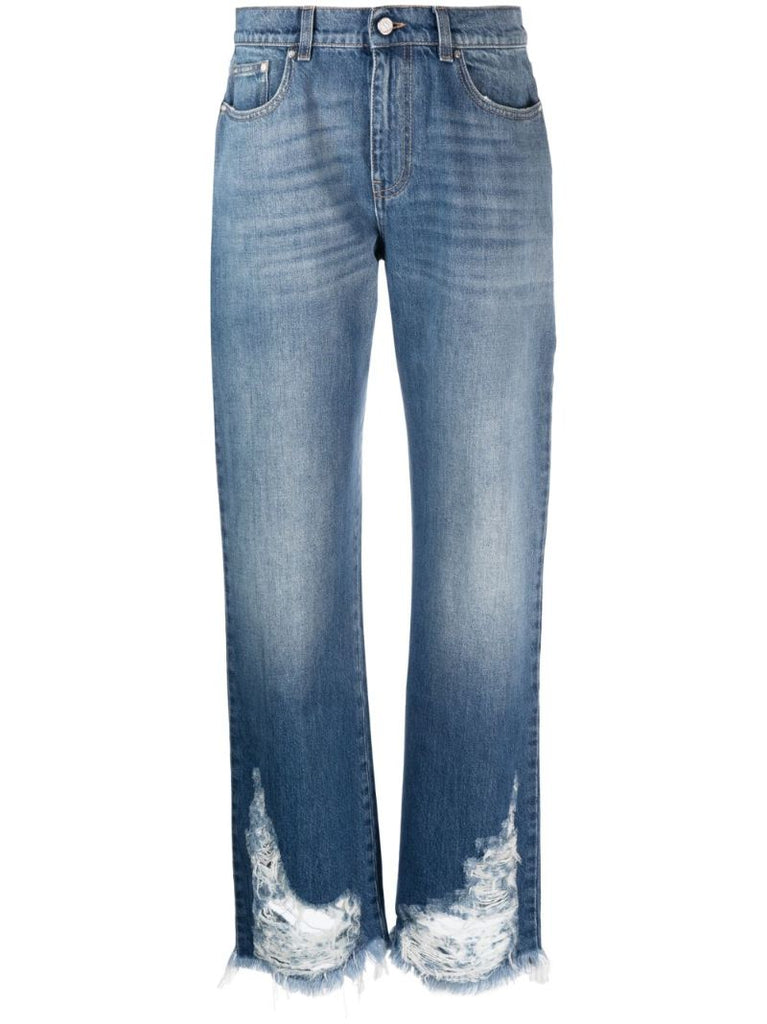 Blue Ripped Straight-leg Jeans
