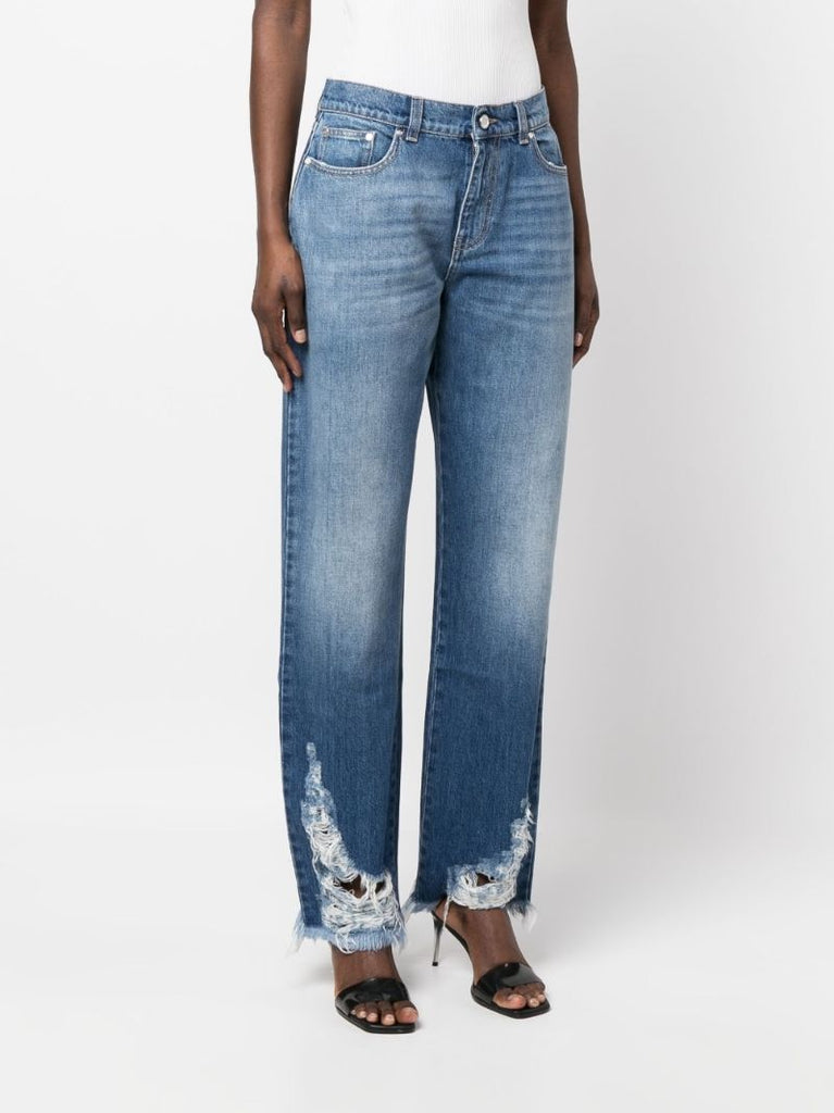 Blue Ripped Straight-leg Jeans