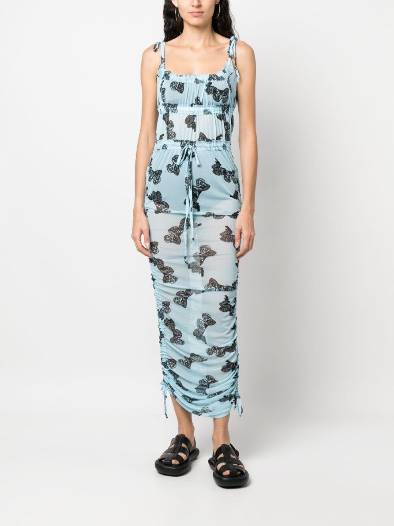 Blue Graphic Print Mesh Maxi Dress