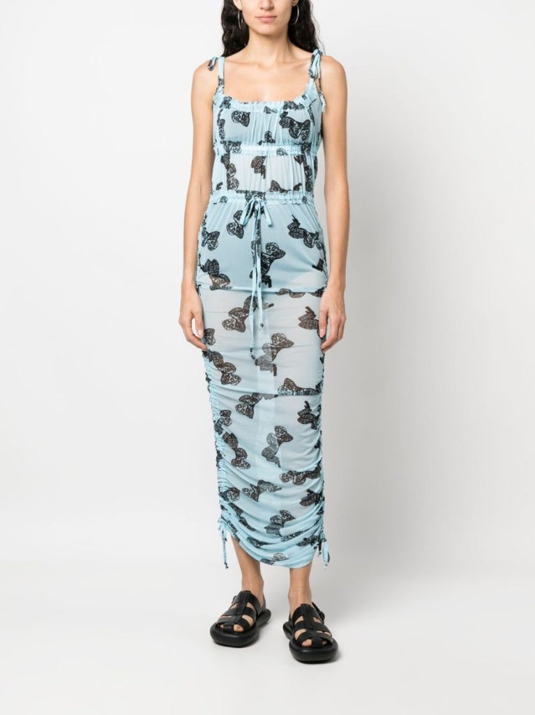 Blue Graphic Print Mesh Maxi Dress