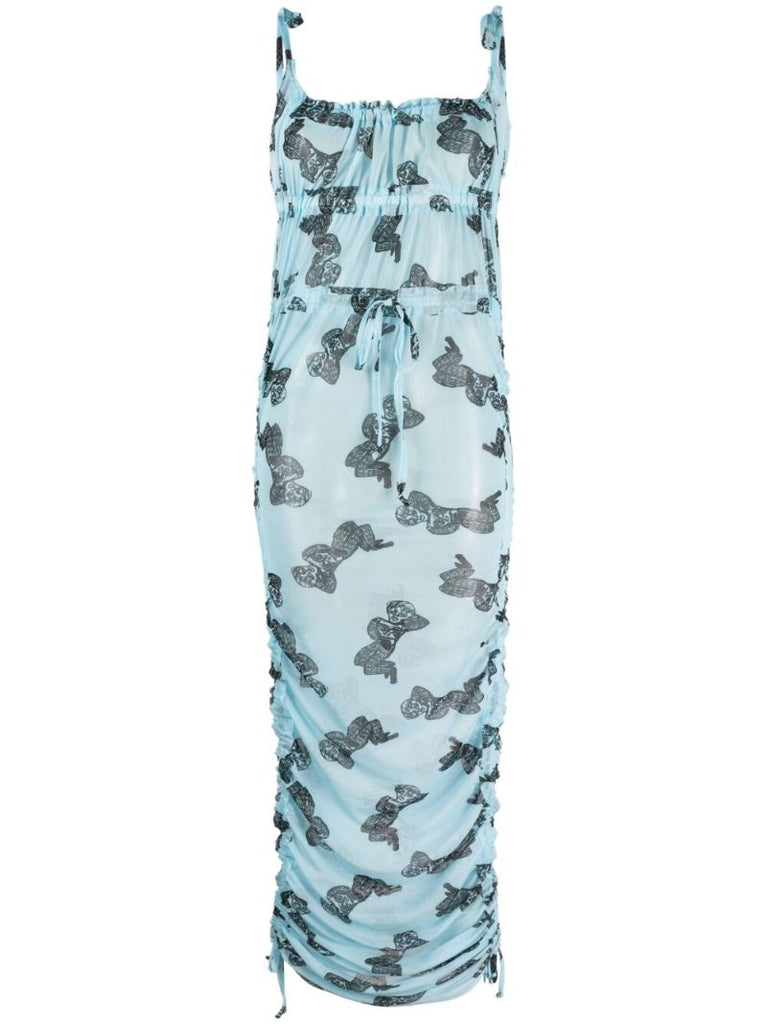 Blue Graphic Print Mesh Maxi Dress