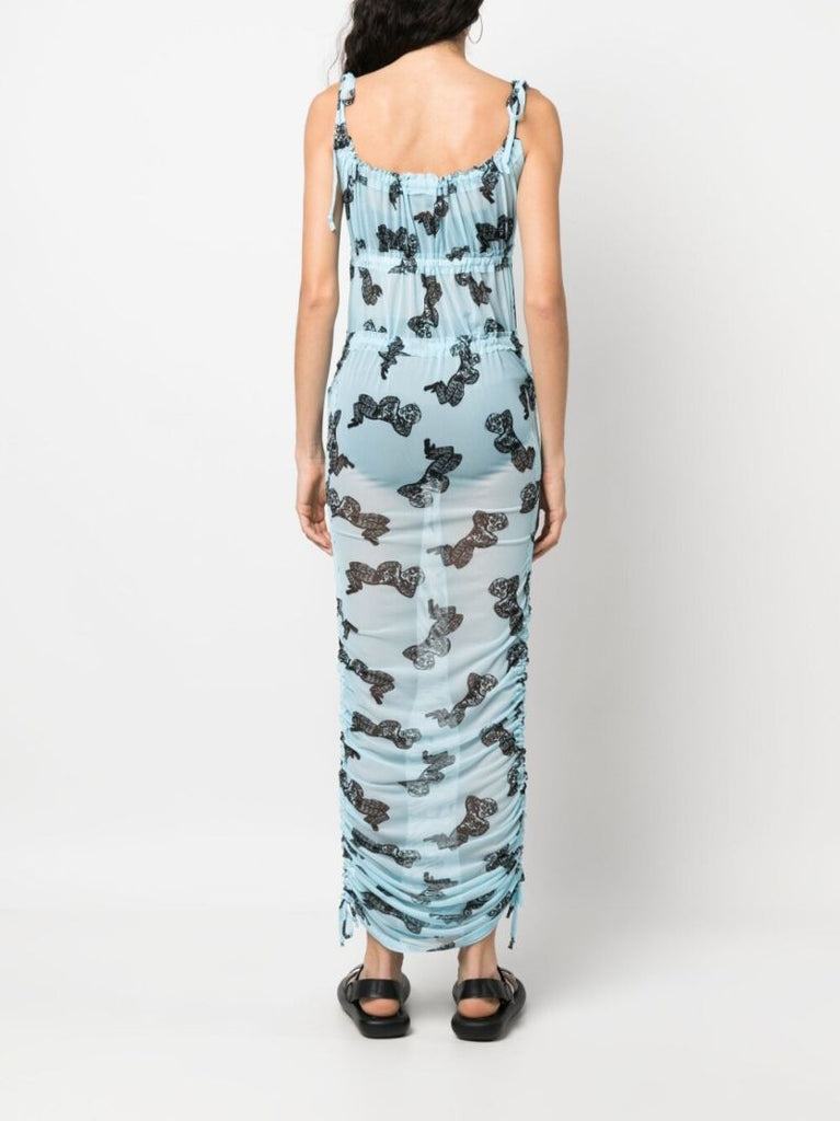 Blue Graphic Print Mesh Maxi Dress