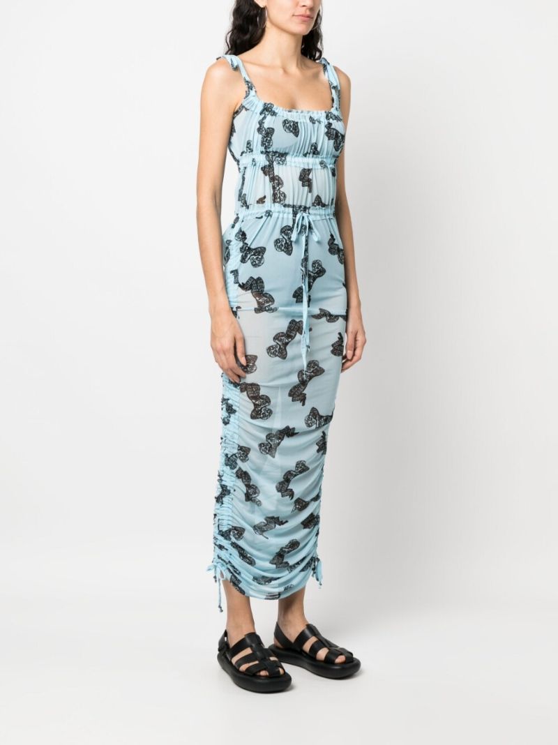 Blue Graphic Print Mesh Maxi Dress