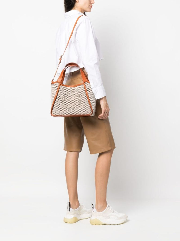 Ivory Beige Embroidered Logo Rope Tote Bag