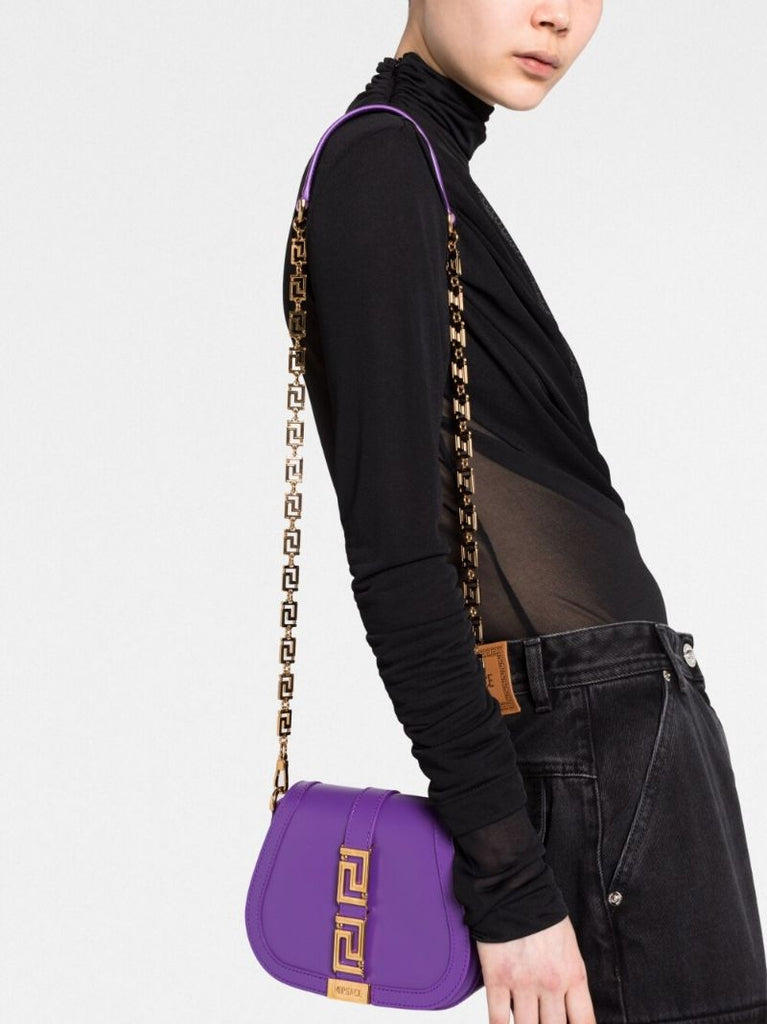 Purple Greca Plaque Crossbody Bag