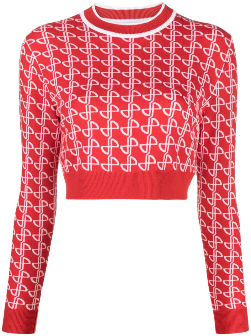 Red Monogram Print Cropped Sweater