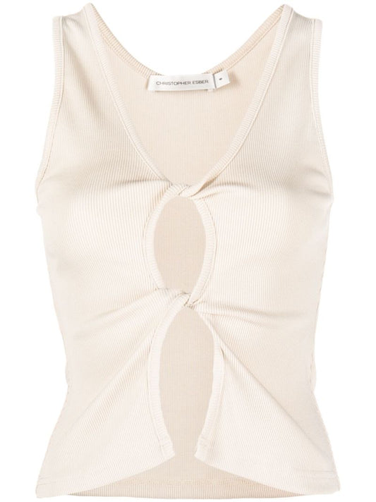 Neutral Open Twist Ribbed-knit Top