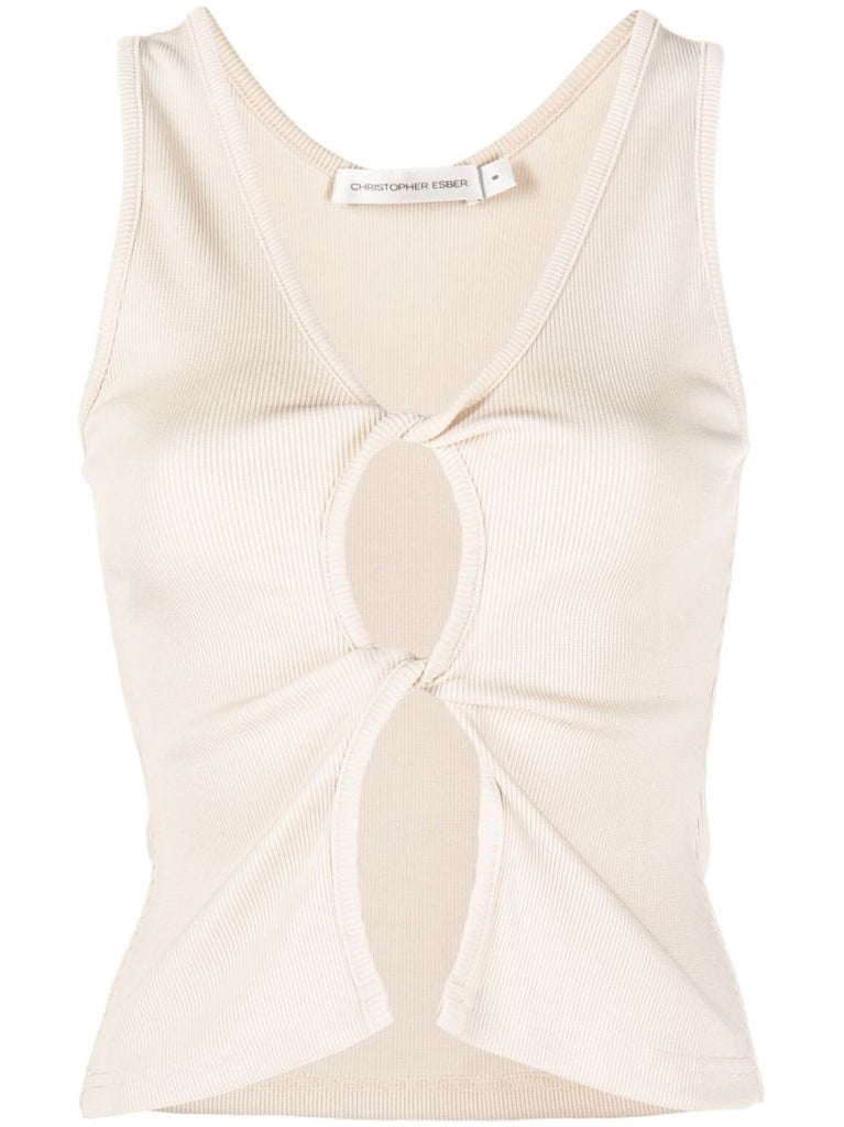 Neutral Open Twist Ribbed-knit Top