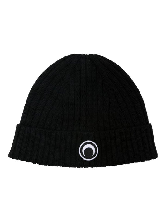 Black Crescent Moon Ribbed Wool Beanie