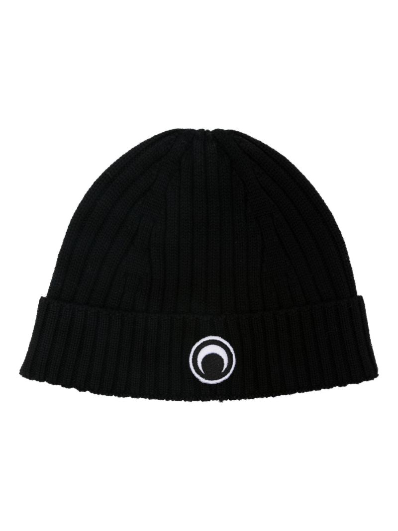Black Crescent Moon Ribbed Wool Beanie