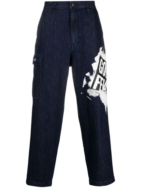 Blue Graphic Print Denim Trousers