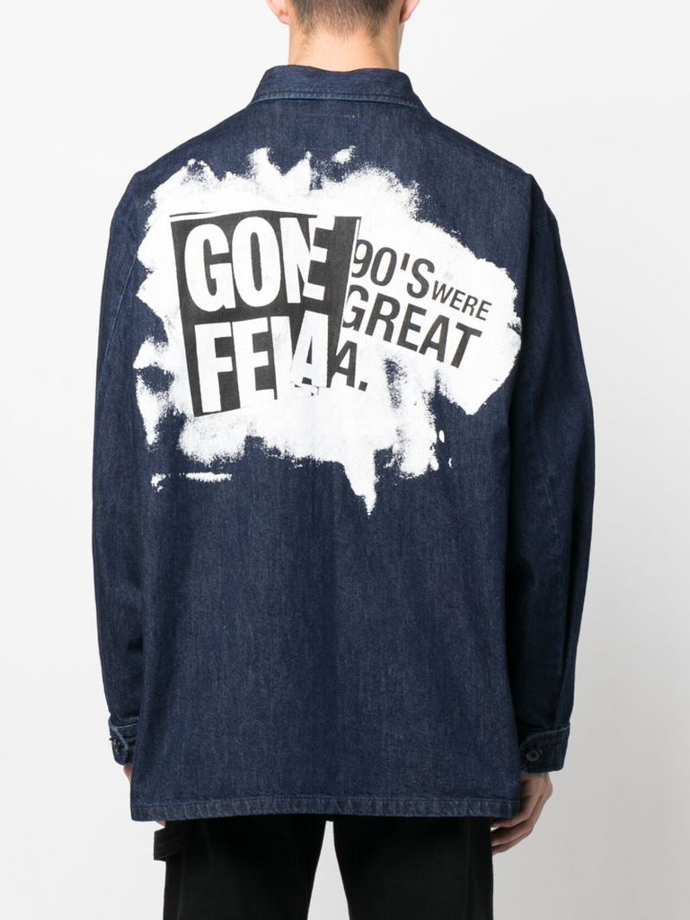 Blue Slogan Print Denim Shirt