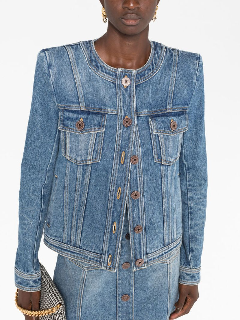 Blue Collarless Denim Jacket