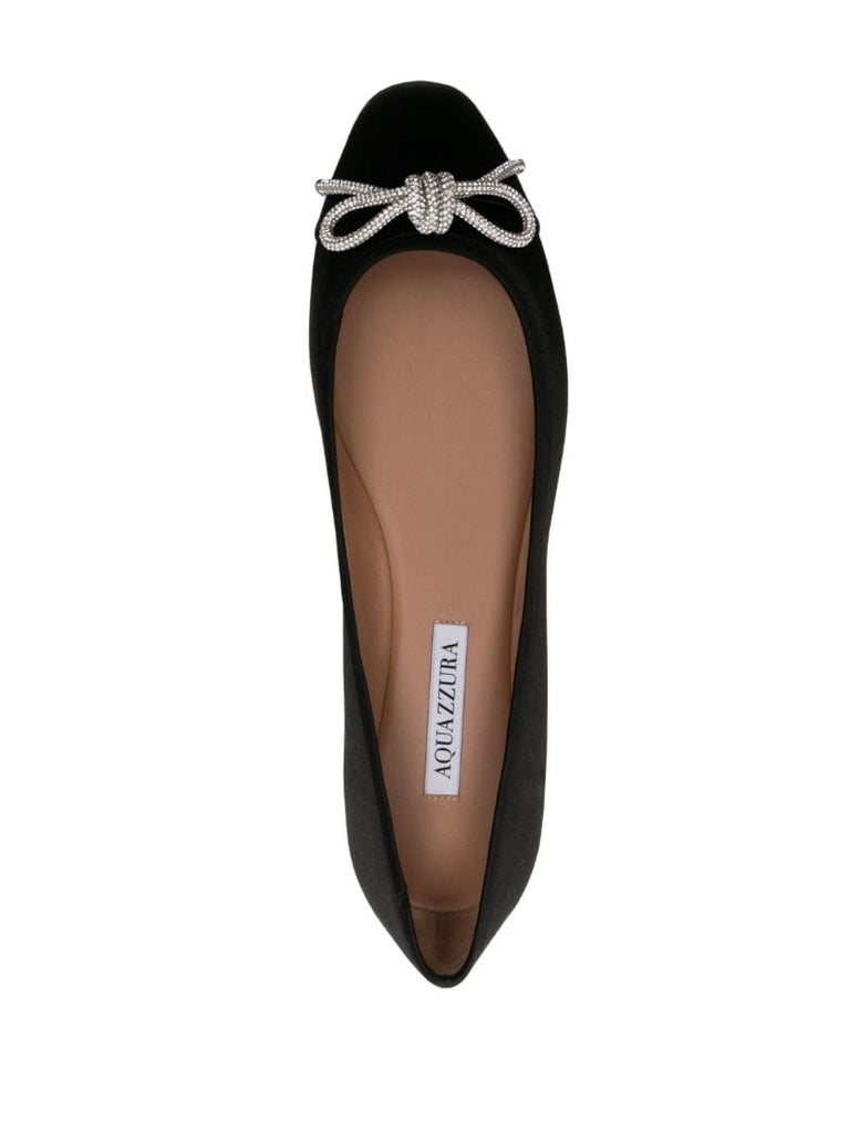 Black Parisina Crystal Bow Satin Ballerina Shoes