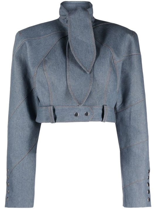 Blue Pussy-bow Collar Denim Jacket
