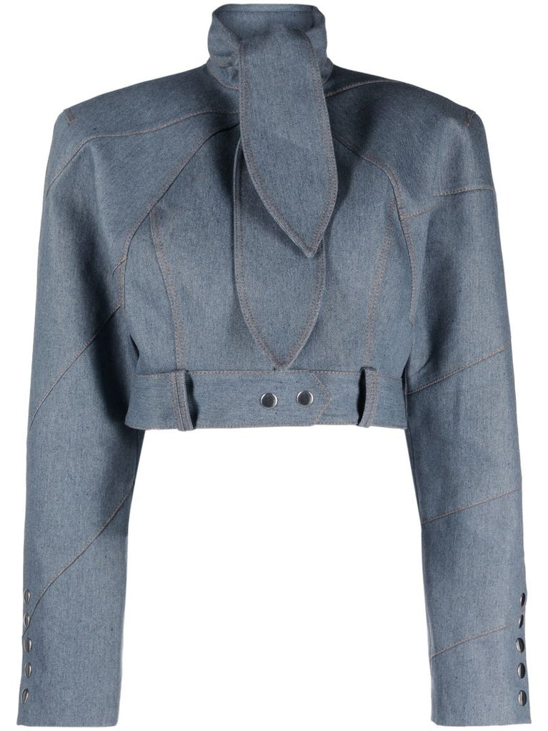 Blue Pussy-bow Collar Denim Jacket